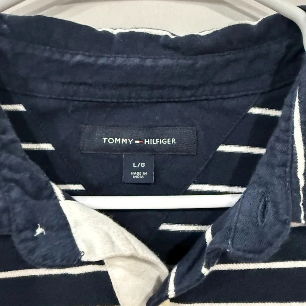 Tommy‎ Hilfiger Polo Shirt Men's L Navy Blue White Striped Short Sleeve